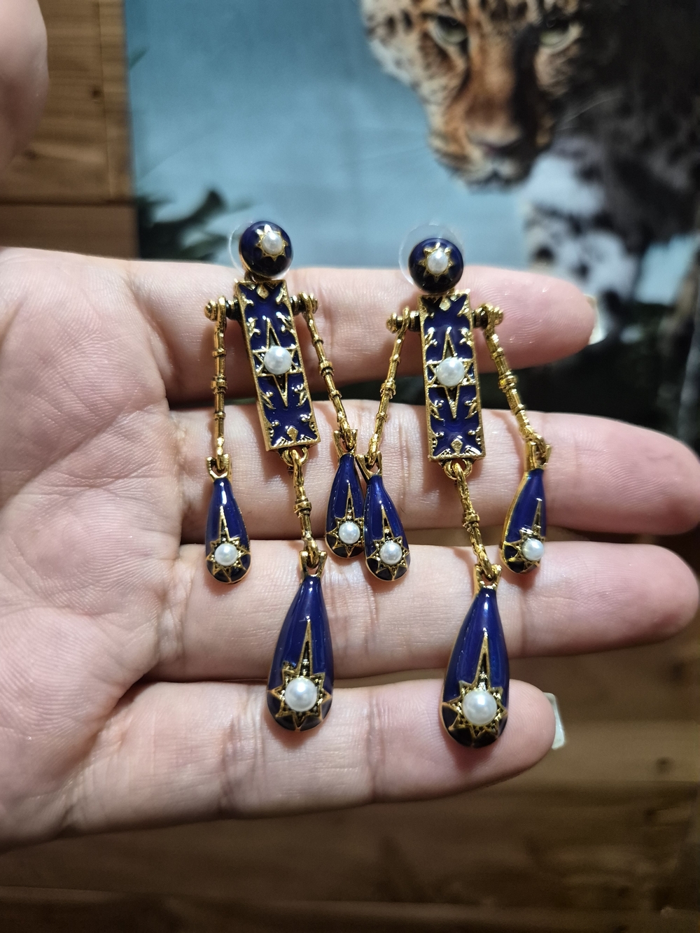 Gold-Tone Navy Enamel Drop Earrings with Pearl Accents
